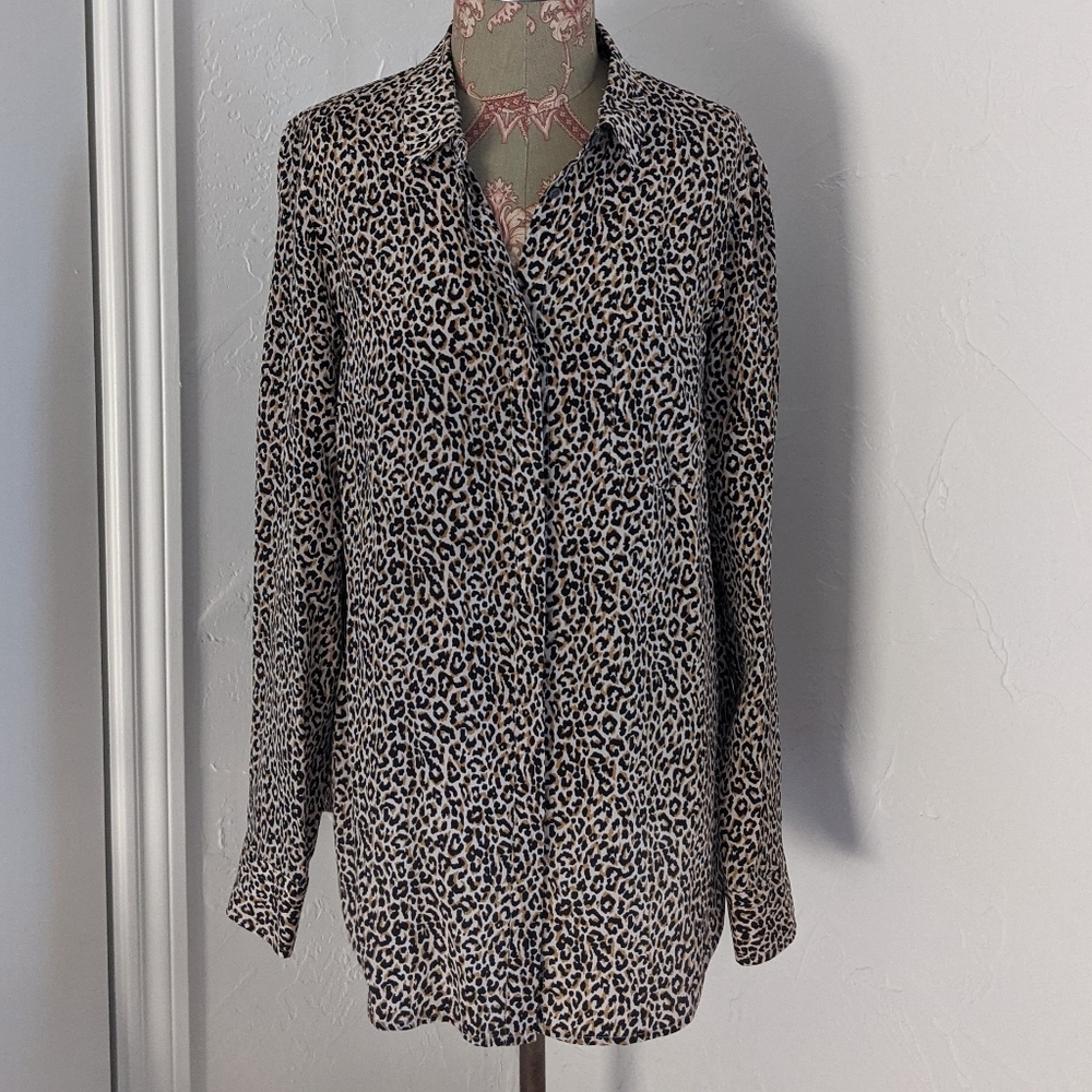 J. Crew 100% Silk Button Up Shirt Leopard Collared Tall 10T cheetah animal print
